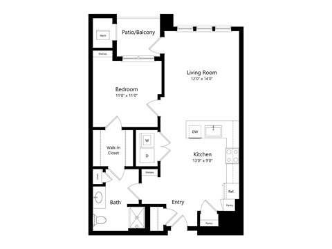 A floor plan of a small apartment with a living room, bedroom, kitchen, and bathroom.